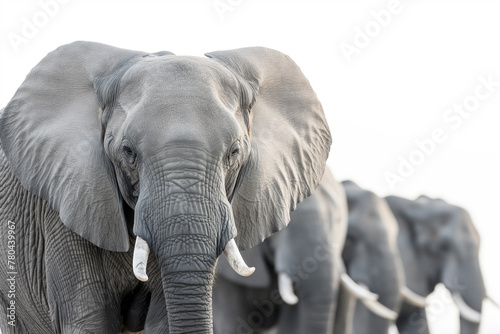 Majestic elephant looking forward, with a gentle gaze, against a soft, blurred herd background, ideal for nature themes.