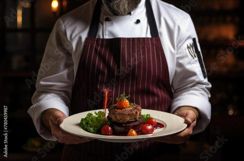 Chef serving oven-seared beef tenderloin steak with peppercorn sauce at the restaurant.