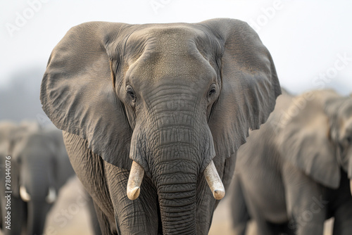 Majestic elephant with flared ears in misty savannah, a powerful wildlife scene. Perfect for nature and conservation themes.