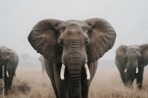 Majestic elephant with flared ears in misty savannah, a powerful wildlife scene. Perfect for nature and conservation themes.