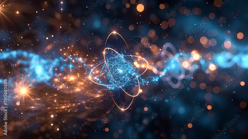 brightly shining electron revolve, spinning, around orbiting nuclear energy symbol atoms. dark blue background with. generative AI brightly shining electron revolve, spinning, around orbiting nuclear energy symbol atoms. dark blue background with. generative AI