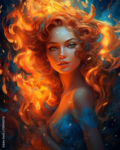 Portrait of a female with bright red hair surrounded by a burning flame, AI-generated.