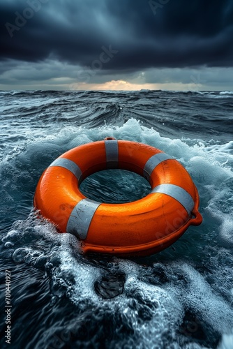  An orange lifebuoy floating in the ocean during a dangerous storm