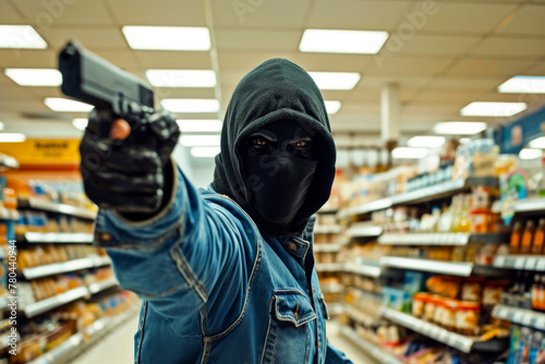 A person with concealed identity is committing an armed robbery at a grocery store, holding a gun facing forward