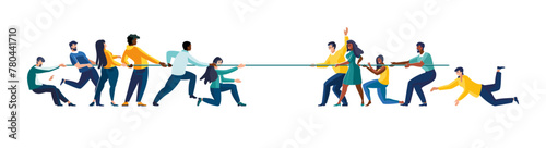 Vector illustration. Symbol of competition, corporate conflict, tug of war, loss. Business concept. Help overcome obstacles, young business people, girl, ethnic, African American, business development