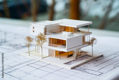 A detailed model of a modern house with interior rooms visible, standing on architectural blueprints with miniature trees