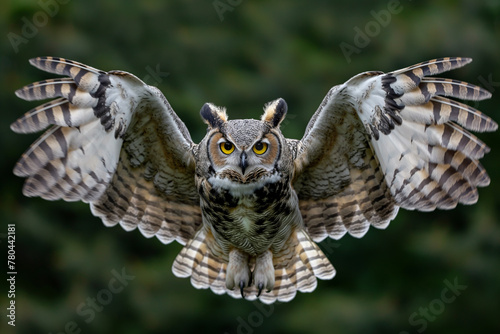 Majestic great horned owl with wings spread wide, showcasing its stunning feather pattern and intense gaze in a lush green habitat