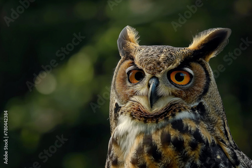 Enigmatic great horned owl with vivid orange eyes  set against a dark forest backdrop  capturing nature s mysterious gaze.
