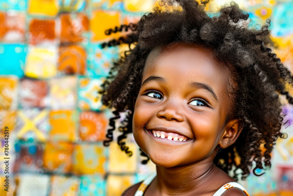 A young girl with a bright smile and curly hair against a colorful mosaic backdrop A young girl with a bright smile and curly hair against a colorful mosaic backdrop