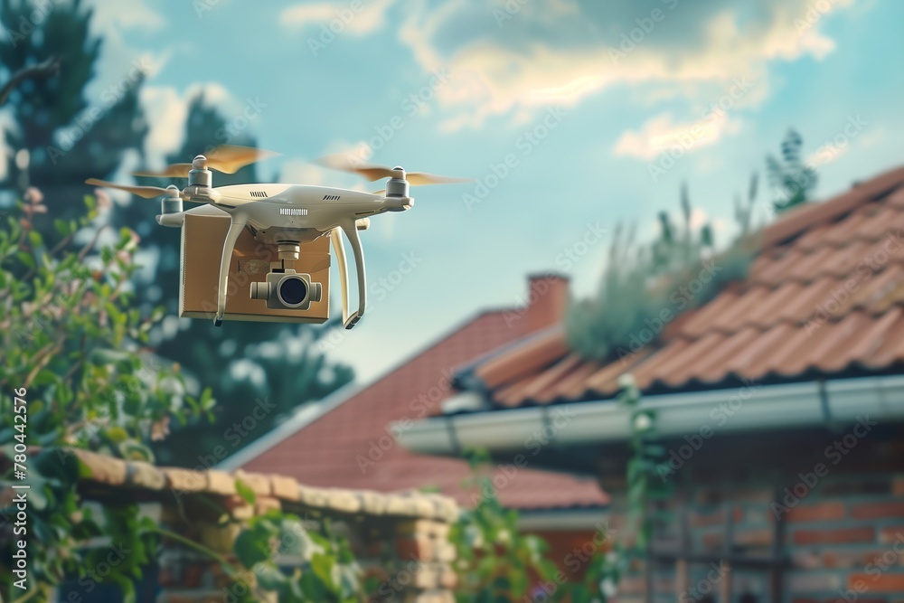 Fototapeta premium Drone flies over house with box, soaring among clouds and trees