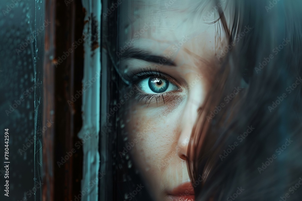 Kobieta wpatrzona w okno tęskni za ukochanym - obrazy, fototapety, plakaty 