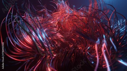 Volumetric lights. Live curls underwater like fur, multi-colored threads or hair. Mist and DOF bokeh effects. Mysterious background with live curved lines, close-up. 4k seamless looped bg. photo