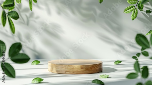green leaves surrounding a wooden board against white backdrop with leaves on a table © Wirestock