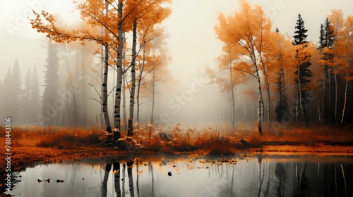 AI generated illustration of a picturesque autumnal forest covered in thick fog at the lake
