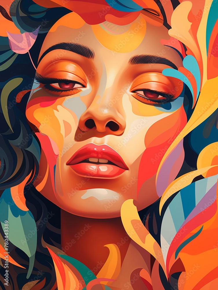 This illustration presents a striking and colorful portrait of a woman.
