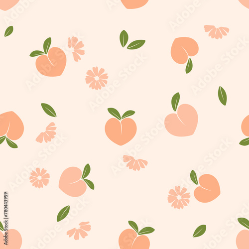 Seamless pattern with orange peach fruit, green leaves and flower on cream background vector. Cute fruit print.