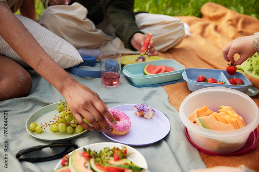 Friends eating various fruits and food on picnic blanket in park Friends eating various fruits and food on picnic blanket in park