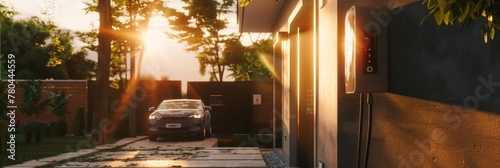 Sunset at a modern home's entrance with a parked electric car and gate security. Modern Home Entrance with Electric Car © Оксана Олейник