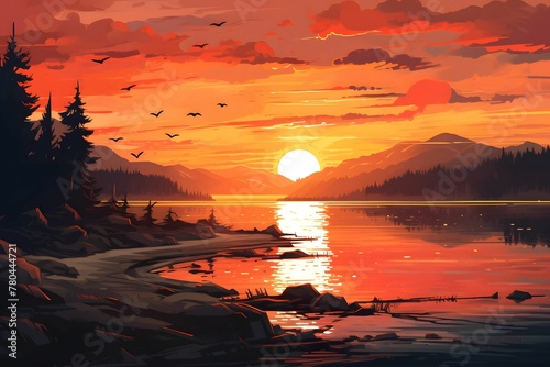 AI generated illustration of a breathtaking sunset at a tranquil lake nestled in the mountains
