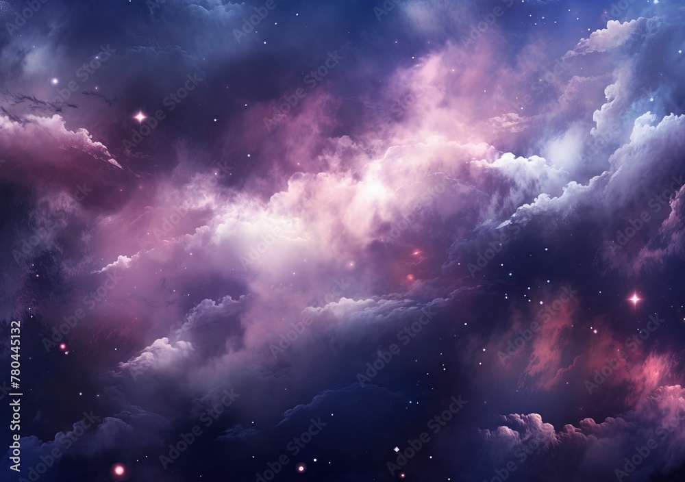AI generated illustration of a night sky filled with purple twinkling stars and billowy clouds