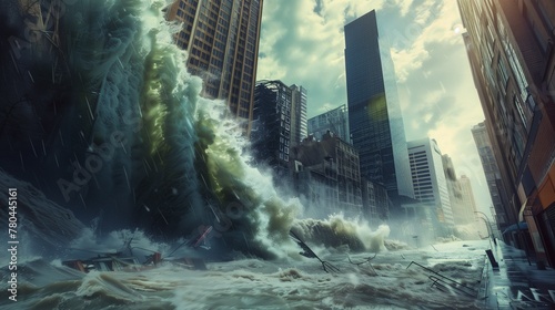 massive tsunami wave engulfed the city listening, Ai generate