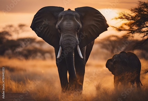 AI-generated illustration of An elephant with a baby elephant in a meadow during sunset photo