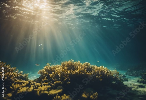 sunlight shining over the ocean floor with coral and seaweed photo