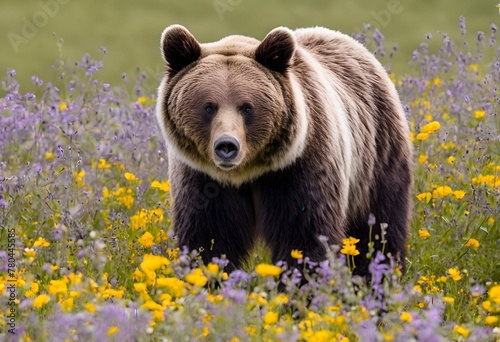 a large bear is standing alone in the grass and flowers