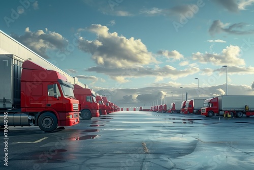 Red trucks parked beneath a cloudy sky in a lot by the water