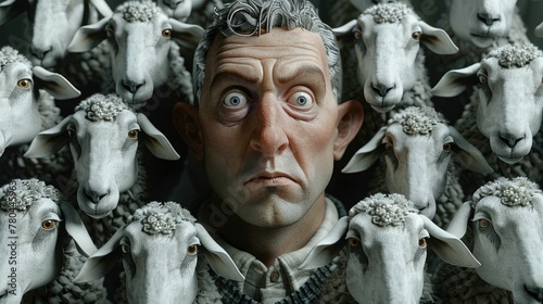 High-detail 3D visualization of a man and a flock of sheep, each looking puzzled by insomnia