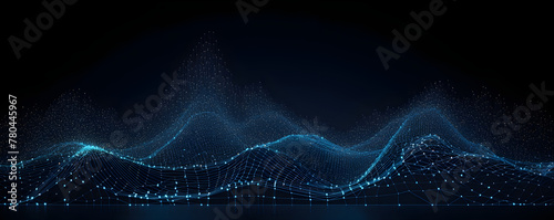 Captivating artistic portrayal of cyberspace, big data, and the metaverse, showcasing a cascade of interconnected points and lines in various shades of blue against a dark blue background.