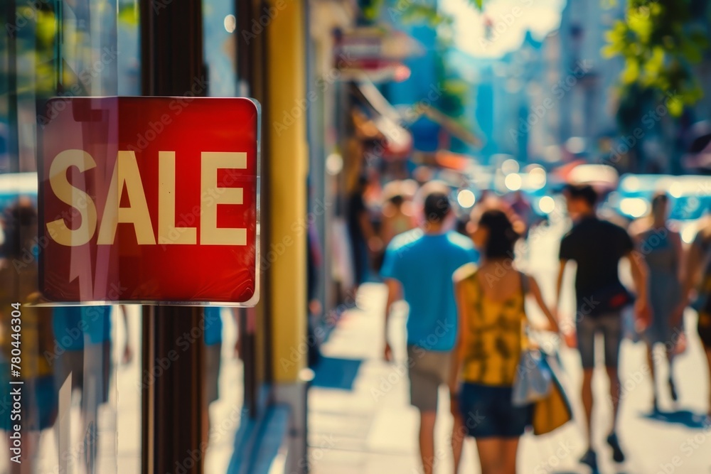 A for sale sign in a storefront window and people on a summer street in the background