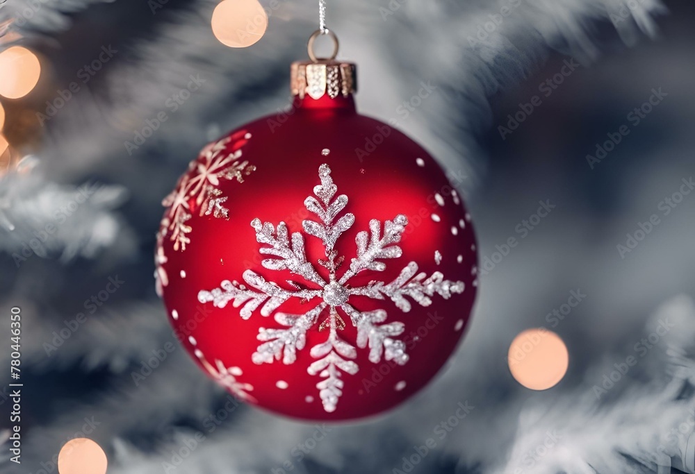AI generated illustration of a close-up of a stylish red ornament hanging from snowy background AI generated illustration of a close-up of a stylish red ornament hanging from snowy background