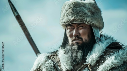 Mongol warrior in traditional fur armor with sword sternly gazing ahead