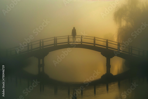 AI generated illustration of a woman on a bridge on a foggy day