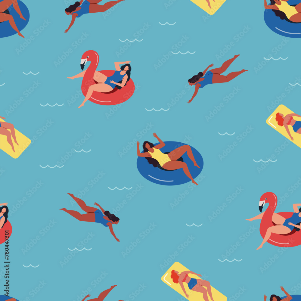 Summer cute seamless pattern with swim in the sea or ocean body positive women. Underwater swimming. Background with swimming girls. Vector illustration - obrazy, fototapety, plakaty 