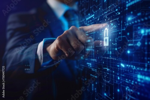 Businessman's finger activating virtual security padlock on digital screen in close-up view