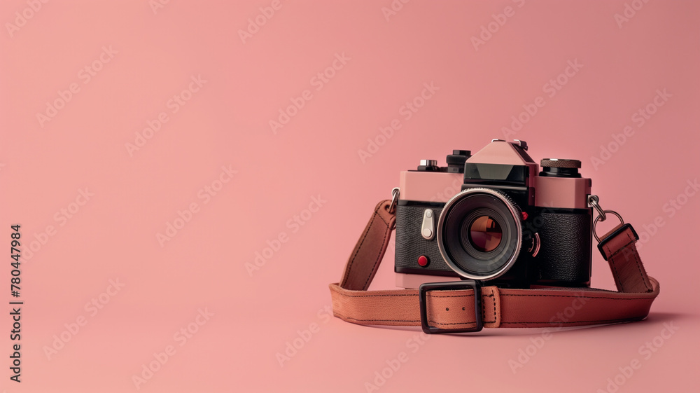 Vintage camera on pink surface