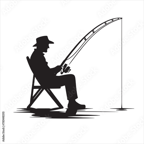 a silhouette of a man fishing in a chair with a fishing rod in the corner