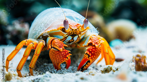 Colorful harlequin crab navigating a sandy seabed against a blurred underwater backdrop. photo