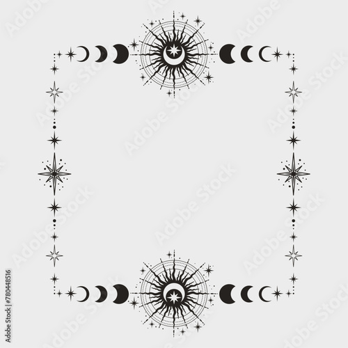 Magic celestial square frame with sun, stars, moon, crescents and copy space. Mystic frame for tarot, esoteric, astrology design. Black color