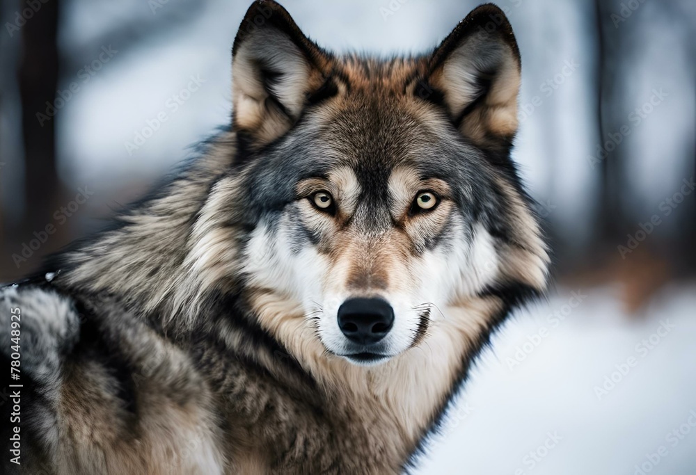 AI generated illustration of a wolf's portrait in the snow