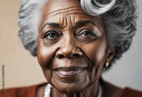 Portrait of an elderly African American woman with white hair and a warm smile, AI-generated.