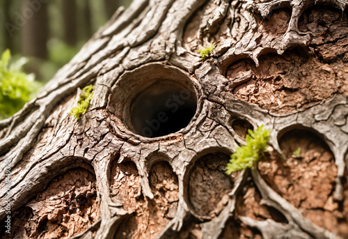 a close - up view of the holes in a tree trunk