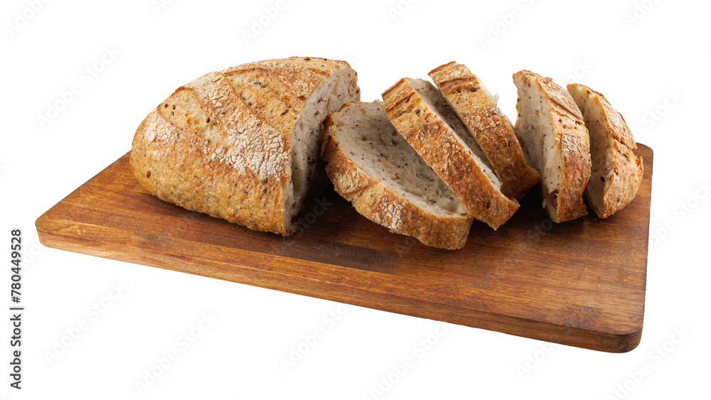 Cut loaf with seeds on a wooden board isolated on a white background. Sliced pieces of bread. Art bread