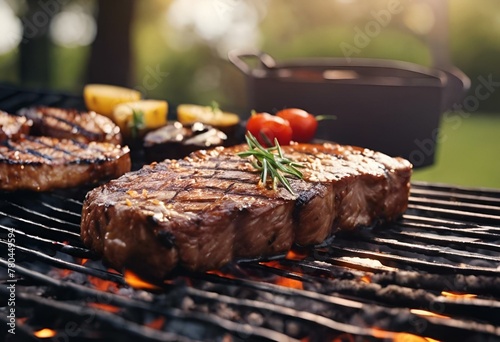 AI generated illustration of grilling two steaks with tomatoes and vegetables