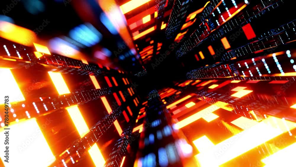 flight through hi-tech technology tunnel with camera shake. Neon light, sci-fi constructions, mysterious 3d objects and hologram. Fly through technology cyberspace. 3d almost looped 4k bg