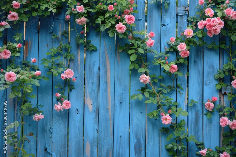 Climbing Roses on Blue Wooden Gate. Pink Flower Decorates Garden Wall