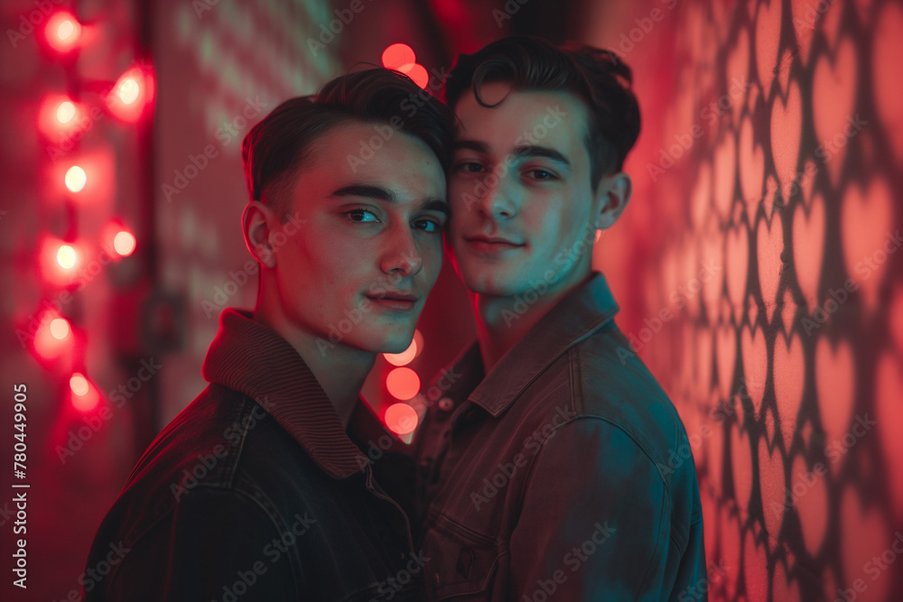 Happy Valentine's Day, Cute homosexual couple, gay, lgbt, respect and diversity without prejudice, young happy couple, Pride Day, LGBTQ love, partner boyfriends