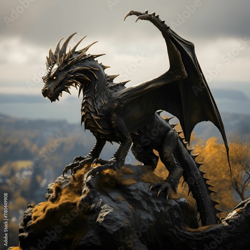 AI generated illustration of a dragon perched on a rock © Wirestock